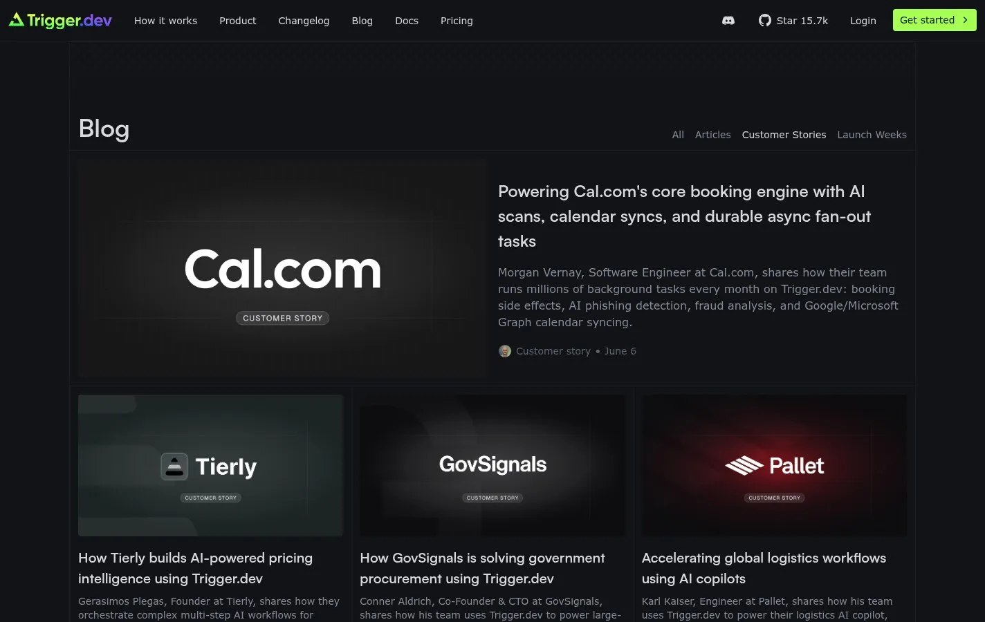 Trigger.dev customer stories featuring Cal.com, Tierly, GovSignals, and Pallet.