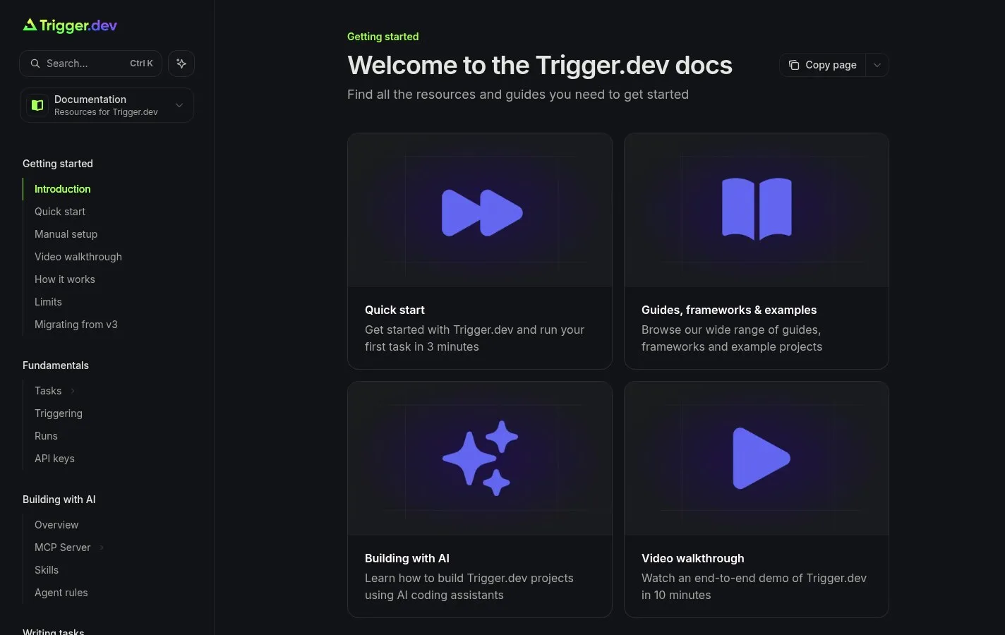 The Trigger.dev documentation homepage with quick start, guides, AI building, and video walkthrough cards.