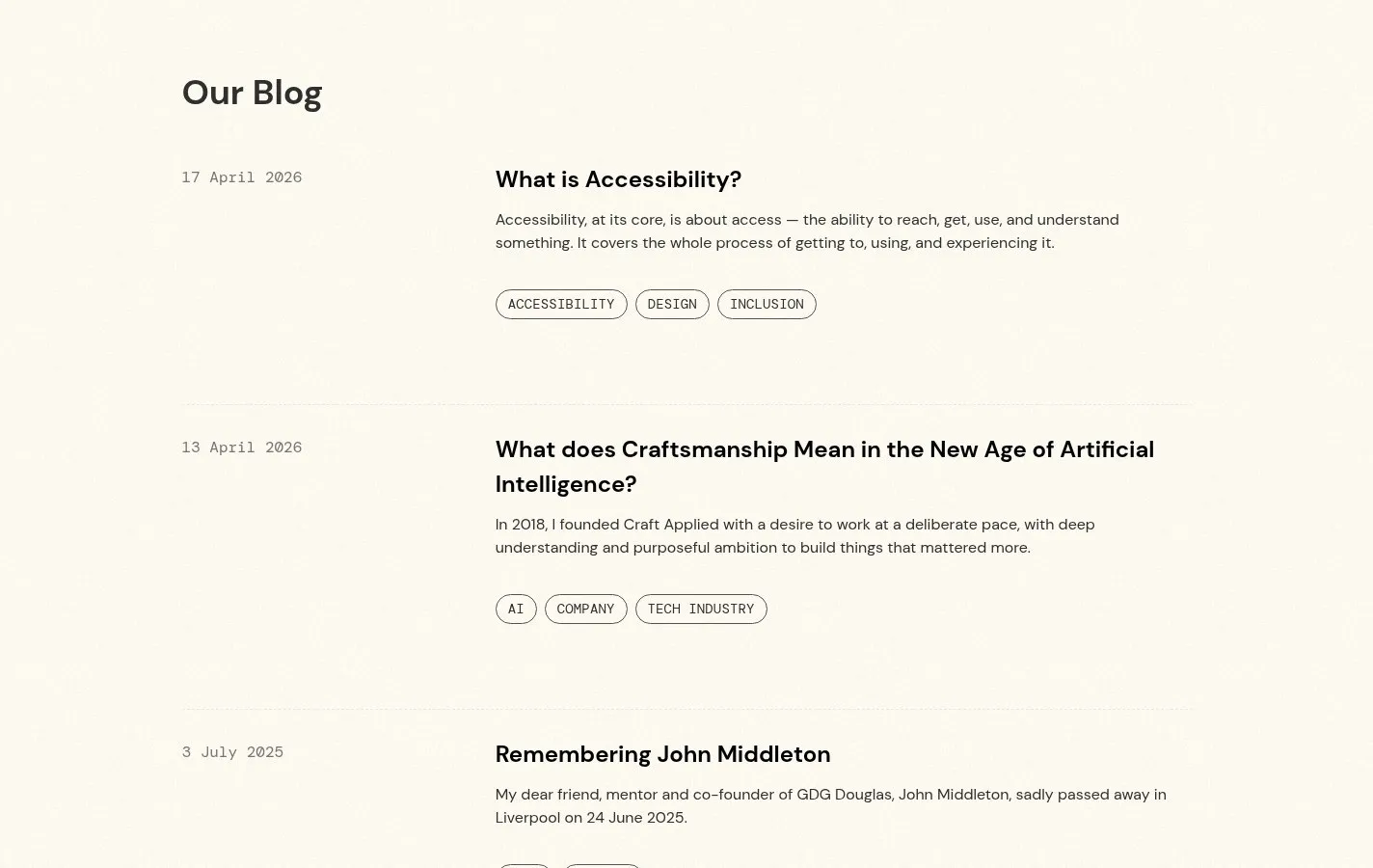 The Craft Applied blog index with article dates, summaries, and topic labels.