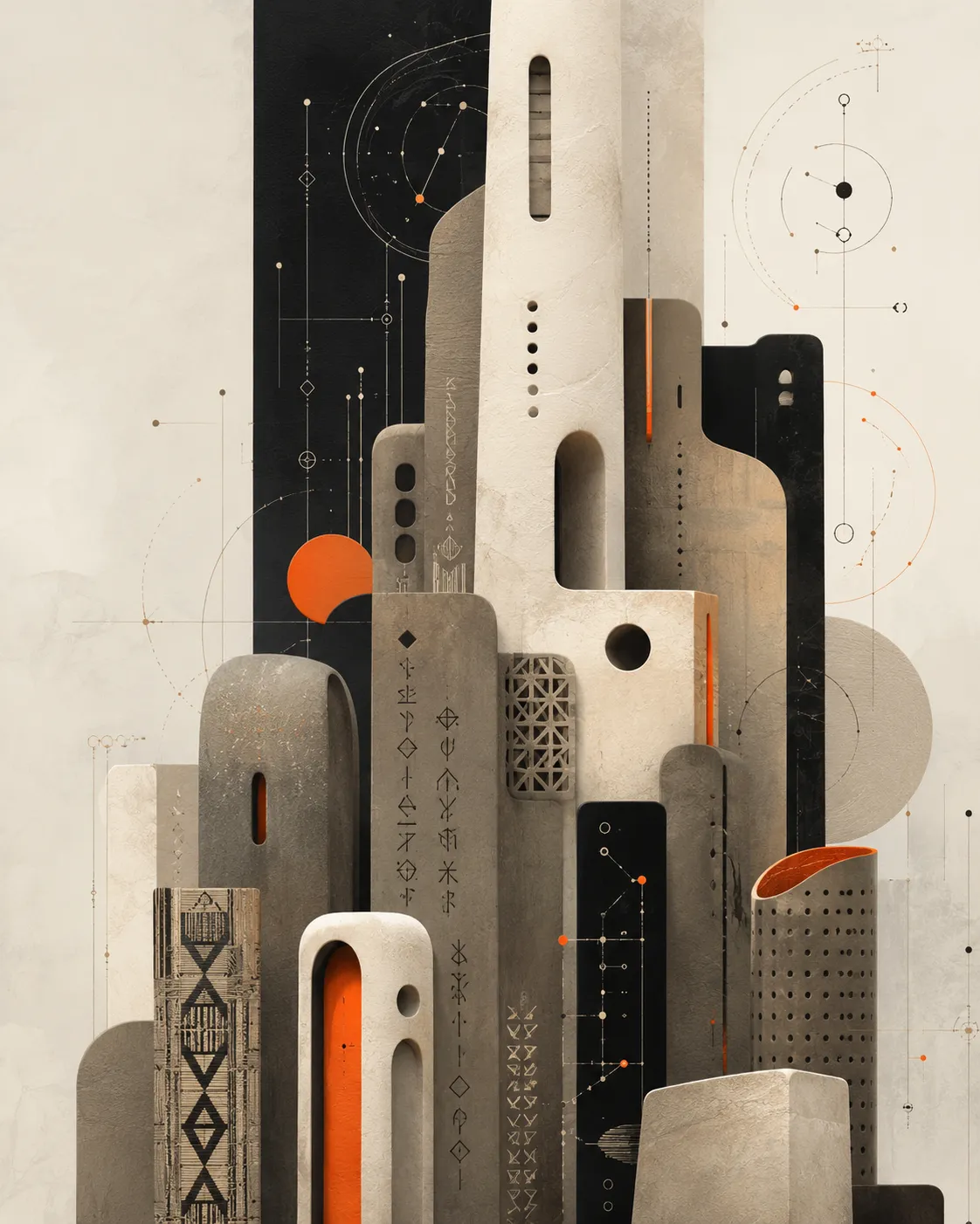 An abstract architectural composition in warm stone, black, and orange with precise geometric markings.
