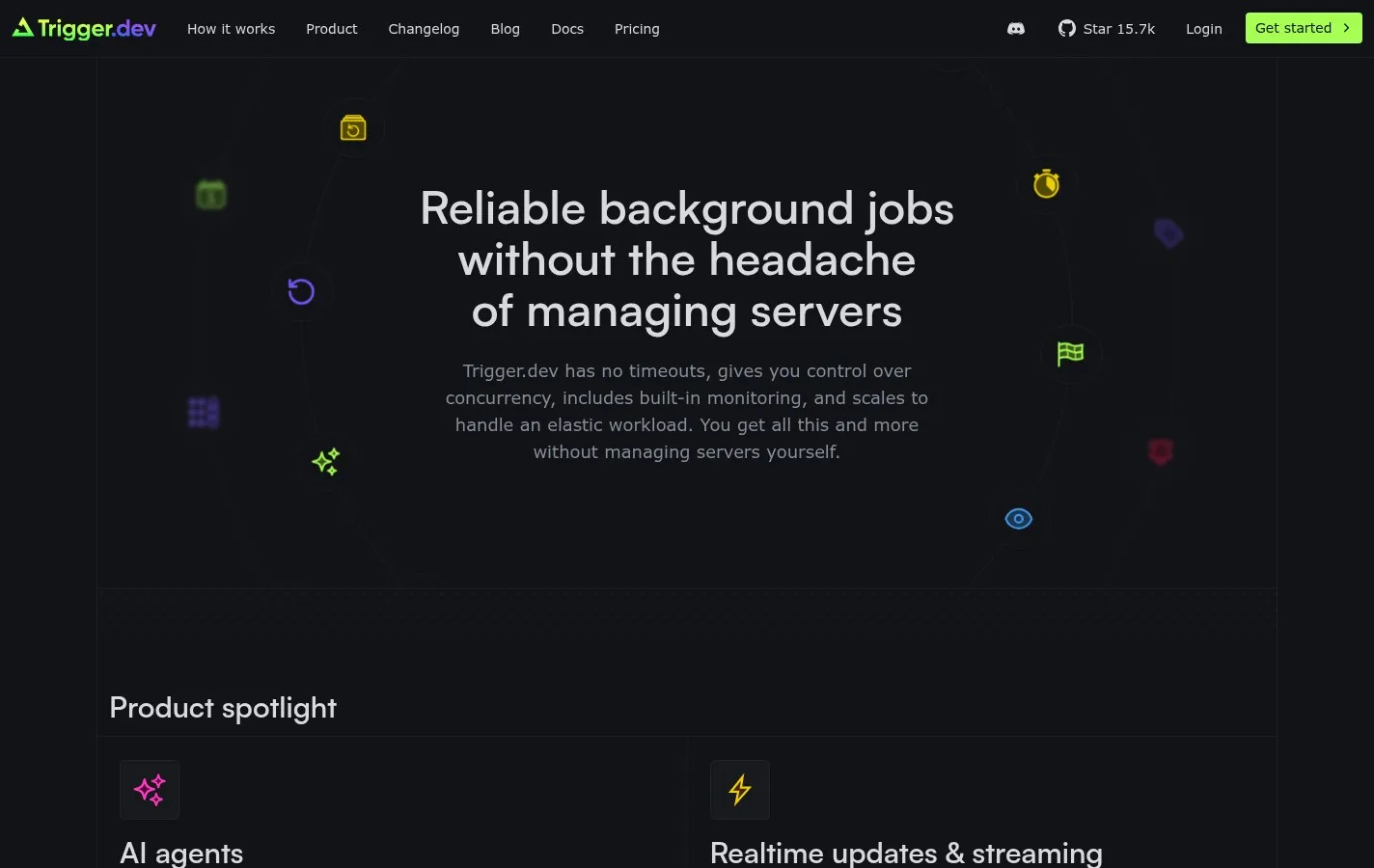 The Trigger.dev product page introducing reliable background jobs and a grid of platform features.