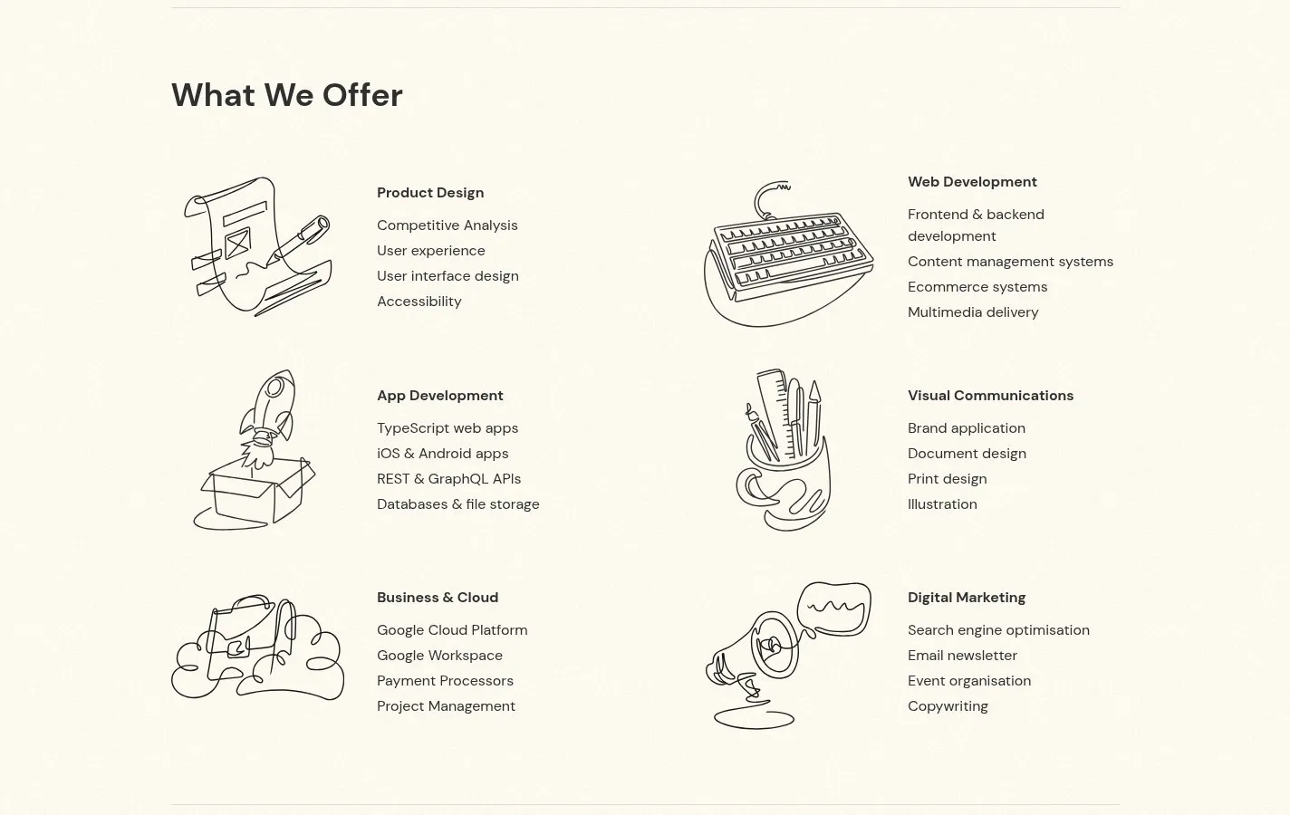 Craft Applied service overview showing six illustrated disciplines and their capabilities.